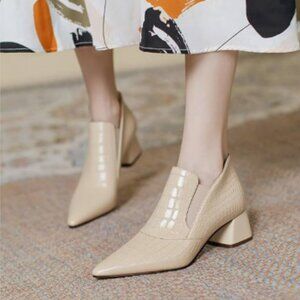 YDN Beige Sexy Pointed Toe Ankle Boots Chunky Low Heel Pull on Elastic Shoe